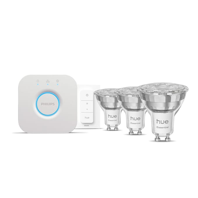 Philips Hue Essential Starter Kit - wit and Color Ambiance - GU10 - 3 Pack + Hue Bridge + Dimmer Switch - Wit