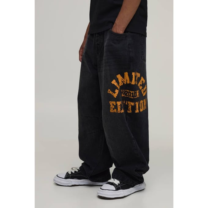 Balloon Rigid Varsity Print Denim Jeans | Black | Size 56