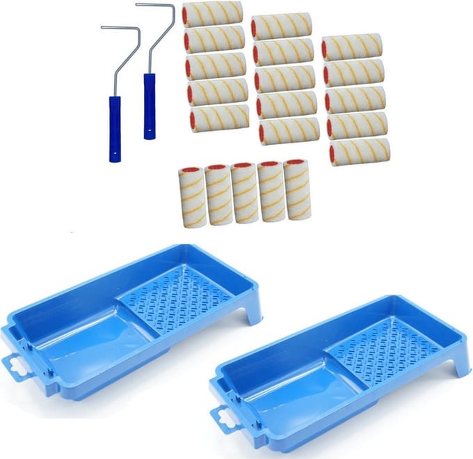20x verfroller / vachtrollers incl 2 rollerbeugels en 2 verfbakken - 10 cm - rollers voor het schilderen van wanden en plafonds