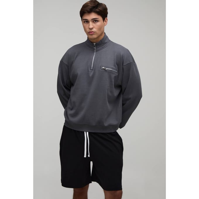 Oversized Boxy Quarter Zip Funnel Neck Loopback Sweatshirt And Short Set | Charcoal | Size Medium