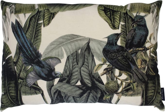 Sierkussen - Groot Fluweel Exotische Blauwe Vogel - Beige En Zilver - 60 Cm X 40 Cm