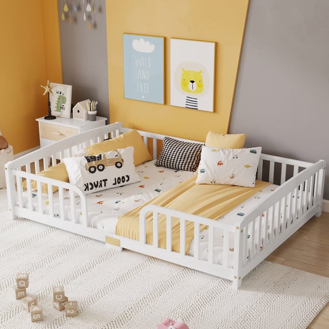 Sweiko Kinderbed - 140 × 200 cm - Met veiligheidshekjes - Houten frame - Zonder lattenbodem - Wit