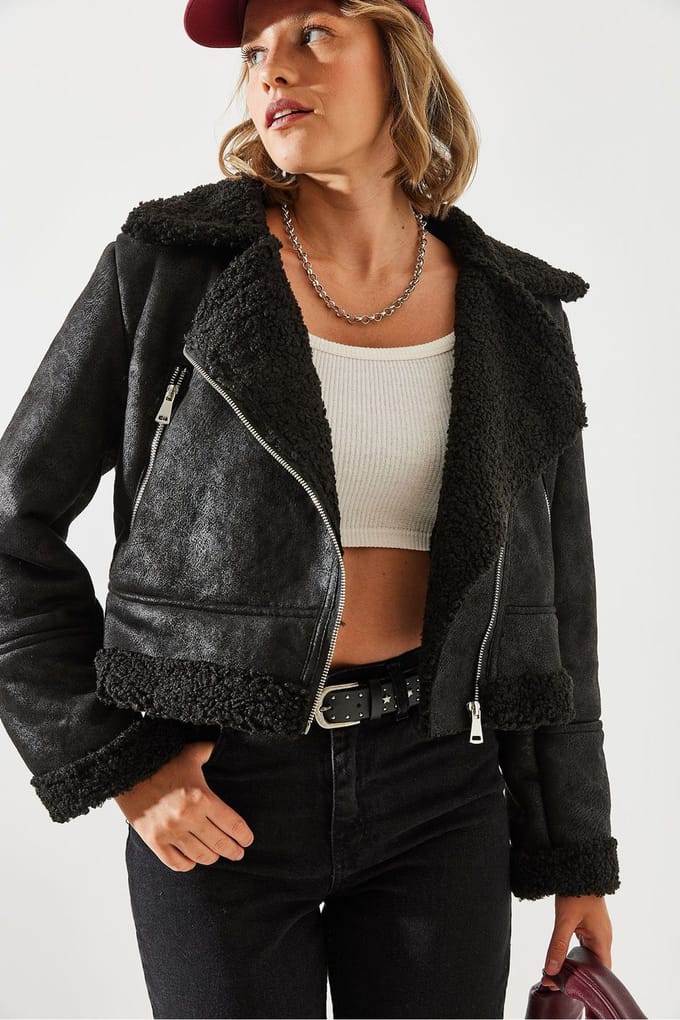 Nepleren Crop Jacket met Schal颜色