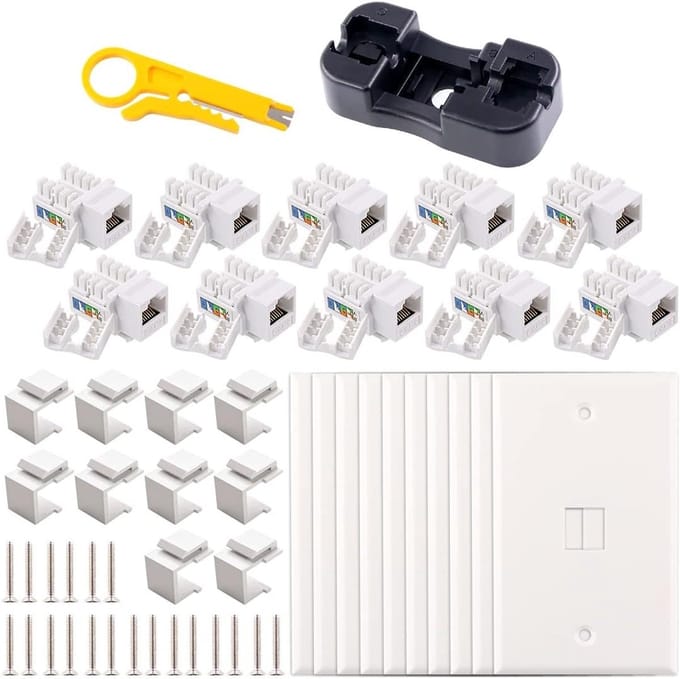 Cat6 RJ45 Keystone Jack Set - 32 Stuks met 10 Keystone Modules, 10 Wandplaten en 10 Inserts voor Netwerkverbindingen