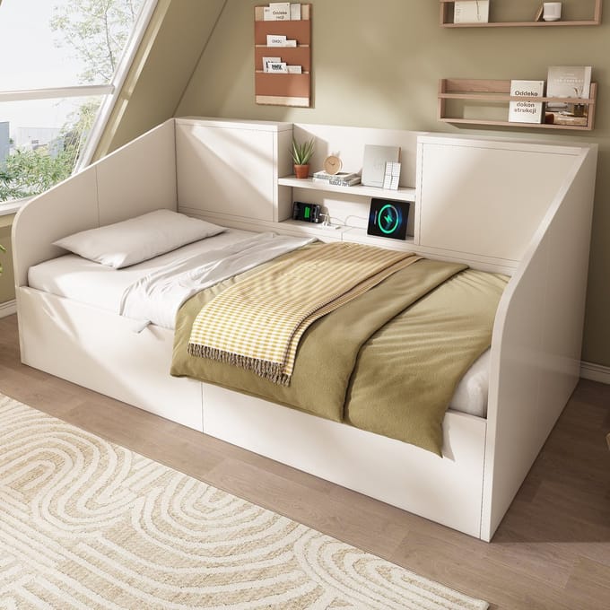 Sweiko Slaapbank - 90x200 cm - 2 planken - Opbergruimte - USB/Type-C - Wit