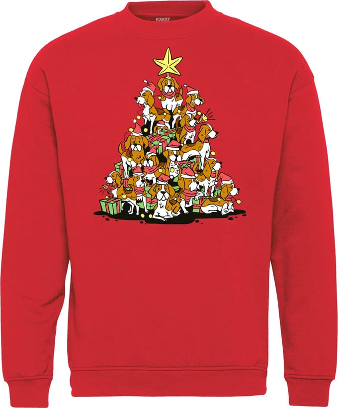 Vundy Kersttrui met hond - Beagle Christmas Tree - Dames & Heren - Rood
