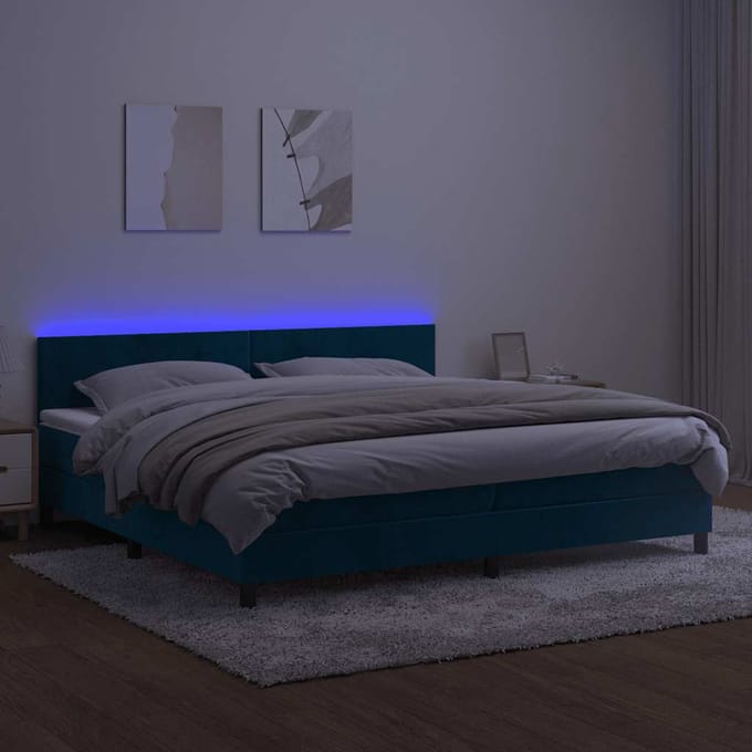 vidaXL - Boxspring - met - matras - en - LED - fluweel - donkerblauw - 200x200 - cm