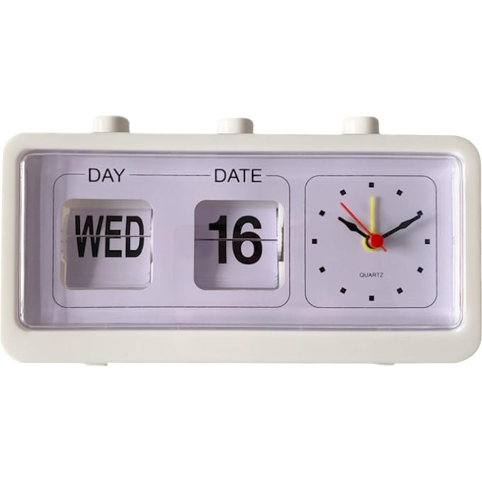 Bureau- en tafelwekker met handmatige springkalender, bureauwekker voor studeerkamer, kantoor, wit wit