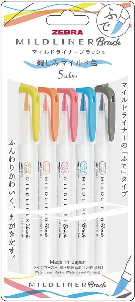 Zebra Brush Mildliners WFT8-N-5C-N Set van 5 Friendly Colours + Extra een Artline Pastel Marker