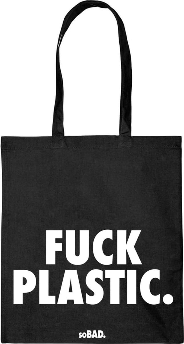 Draagtas Fuck plastic - wit - katoenen tas - soBAD. - met leuke grappige tekst