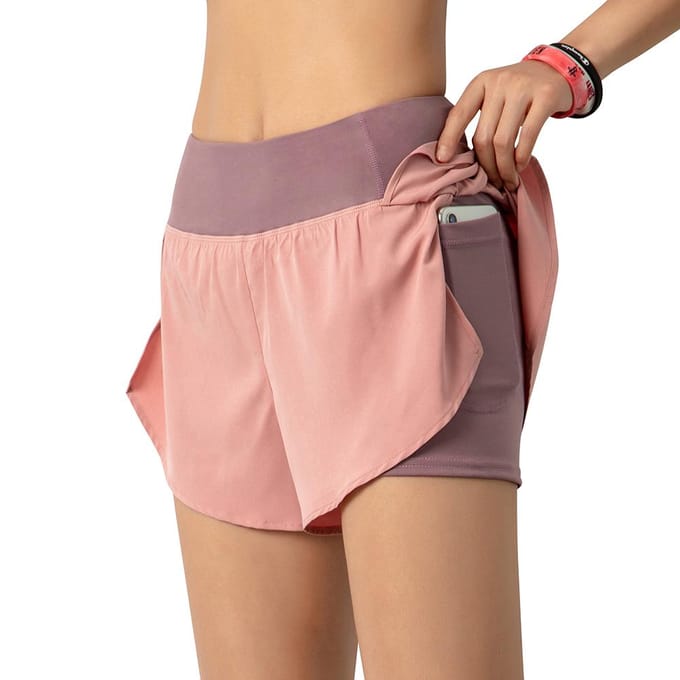 Hardloopshorts voor dames 2-in-1 met zak, brede tailleband, dekkingslaag, compressievoering, loungen L roze
