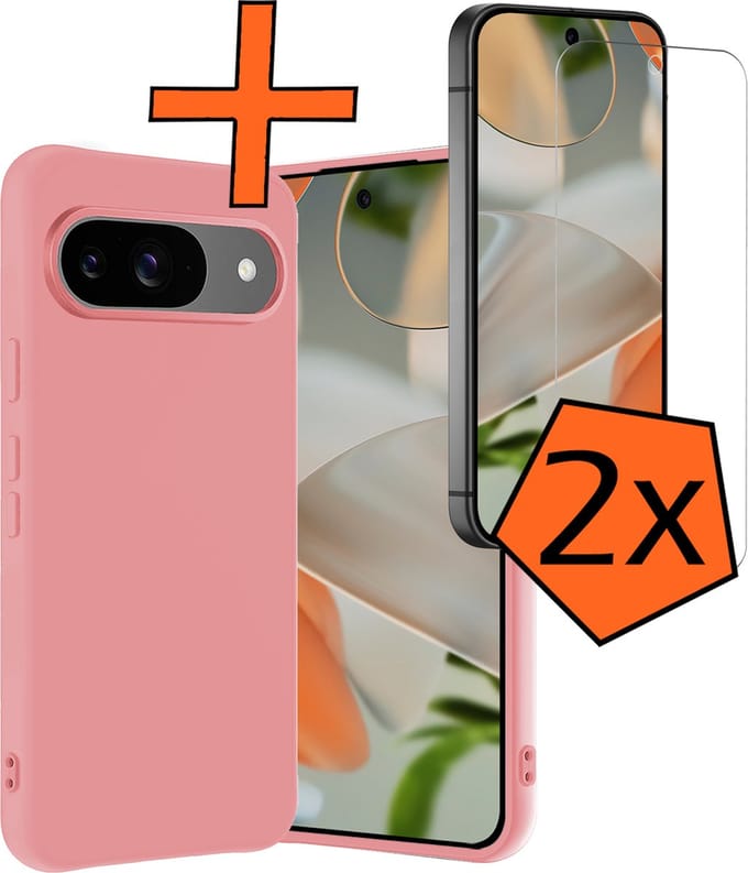 Hoes - Met 2x Screenprotector - Geschikt voor Google Pixel 9 - Sterk & Shockproof - Back Cover - Siliconen Case - Telefoon Hoes - Lichtroze