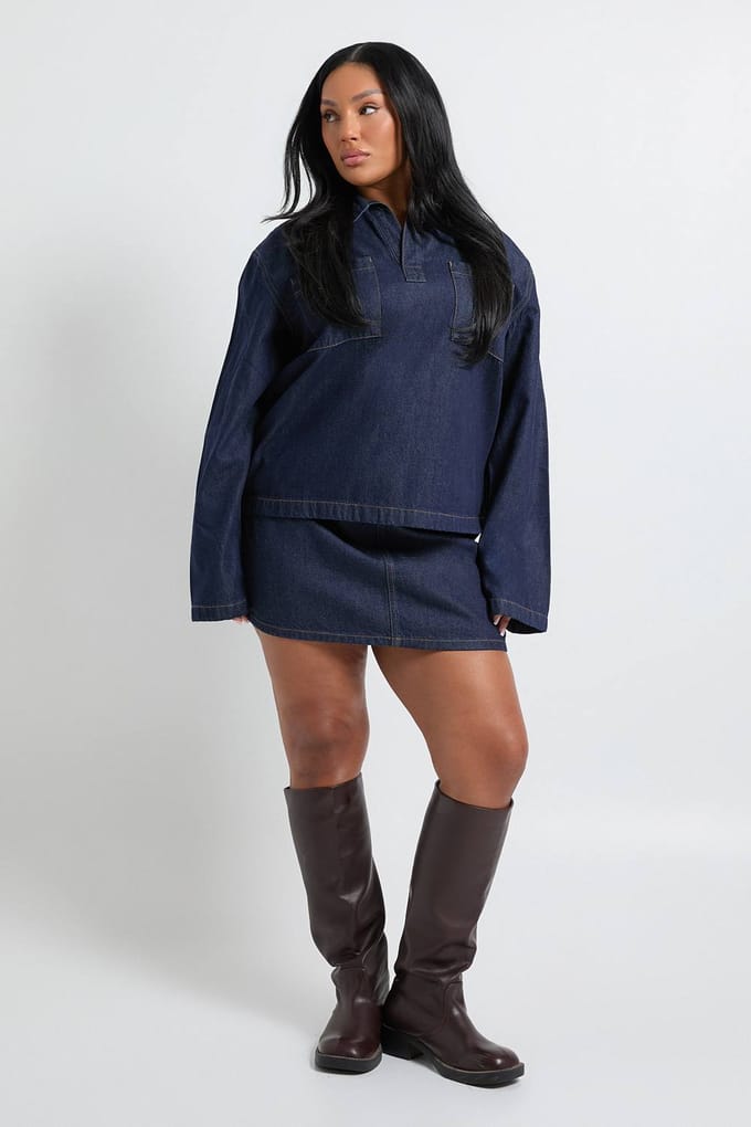boohoo Dames Plus Denim Rugbyshirt met kraag | Indigo | Maat: 16