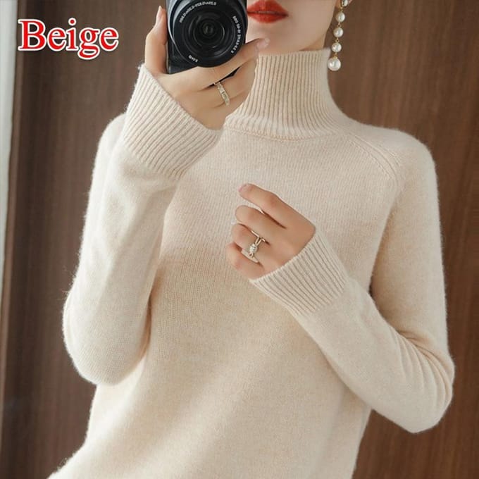 Pull en laine pure cachemire pour femme Pulls Pull Femme Automne Hiver Col Haut Tricot Pulls Col Roulé Pull XXL beige