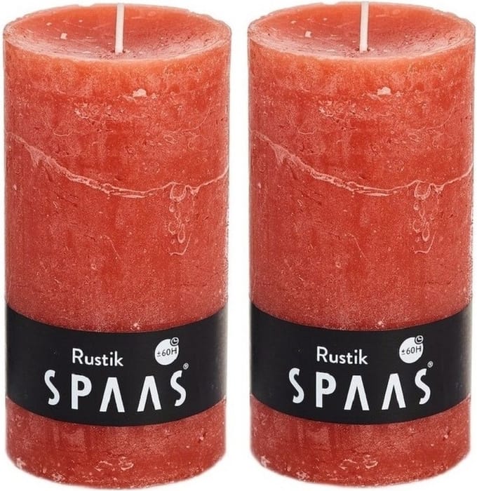 Spaas rustieke cilinderkaars/stompkaars - 2x - oranje - 7 x 13 cm - 60 branduren