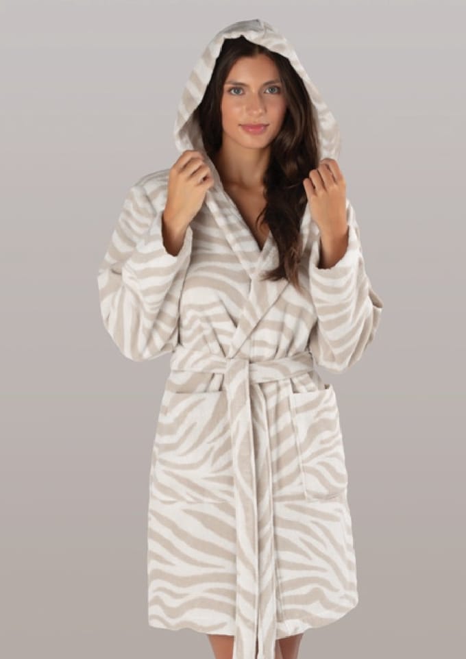 Badstof Badjas Kimono met Capuchon Zebra Soft Beige Maat M