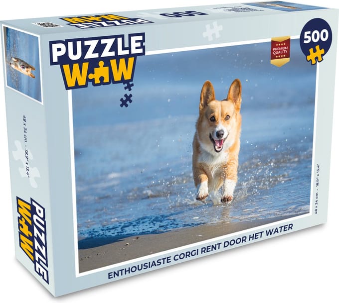 Puzzel Enthousiaste corgi rent door het water - Legpuzzel - Puzzel 500 stukjes
