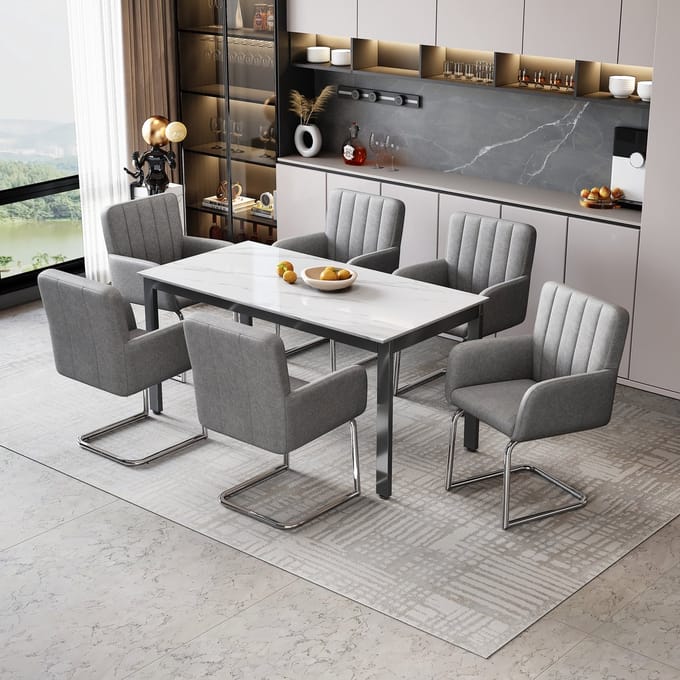 MODFU - Eetkamerstoelen Set Van 4 - Gestoffeerd - Z-Vormig Onderstel - Modern - Voor Eetkamer - Kunstleer - Grijs
