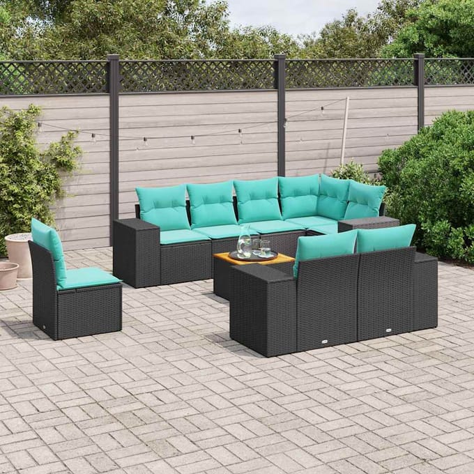 vidaXL - 9-delige - tuinbankset - met - kussens - van - zwart - polyrotan