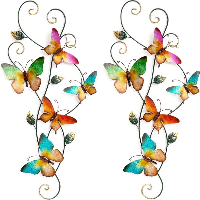 Anna's Collection Wand decoratie vlinders - 2x - gekleurd - 35 x 68 cm - metaal - muurdecoratie