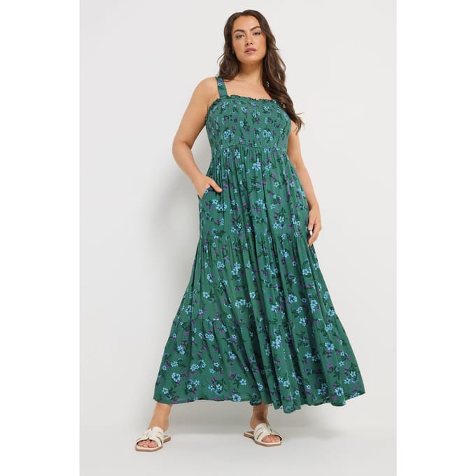 Yours Groene Gesmokte Jurk Met Bloemenprint Size 54-56