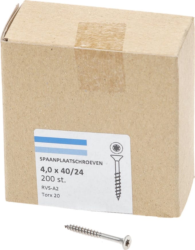 Hoenderdaal Spaanplaatschroef RVS platverzonken kop TX20 deeldraad 4.0X40/24 (per 200 stuks)