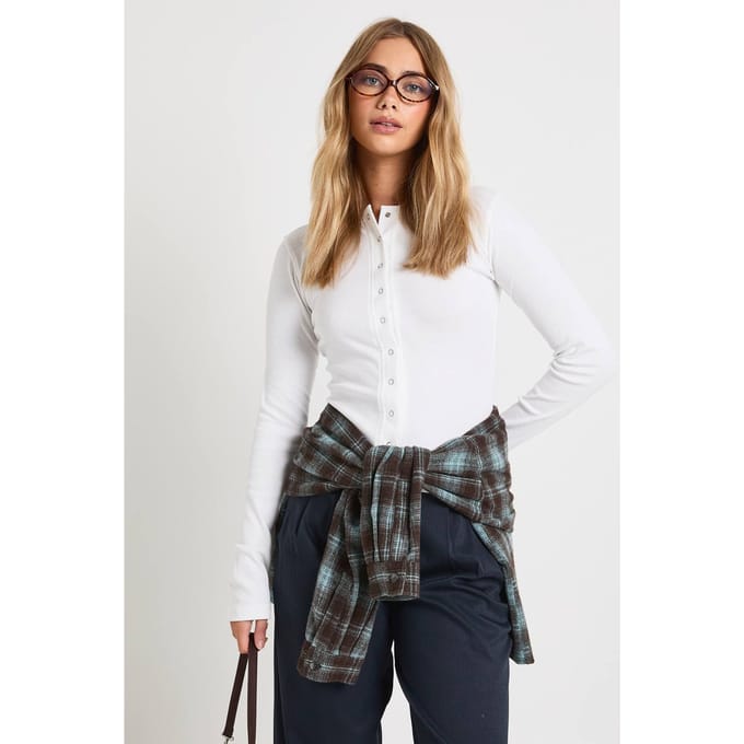 boohoo Dames Rib Popper Front Langarm Top | Wit | Maat: 38