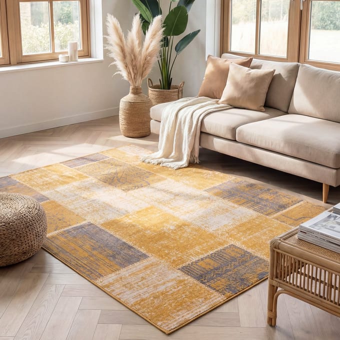 Fraai Patchwork vloerkleed - Spring Okergeel/Taupe - 240x330cm