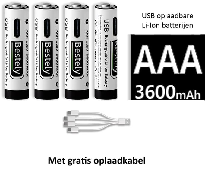 AAA 1,5 V 3600 mAh USB-oplaadbare Li-ion batterijen ( 4 stuks )