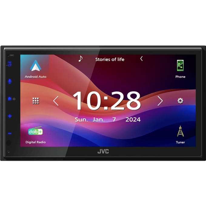 JVC Autoradio met scherm dubbel DIN Apple CarPlay, Android Auto, Aansluiting voor achteruitrijcamera, DAB+ tuner, Bluetooth handsfree