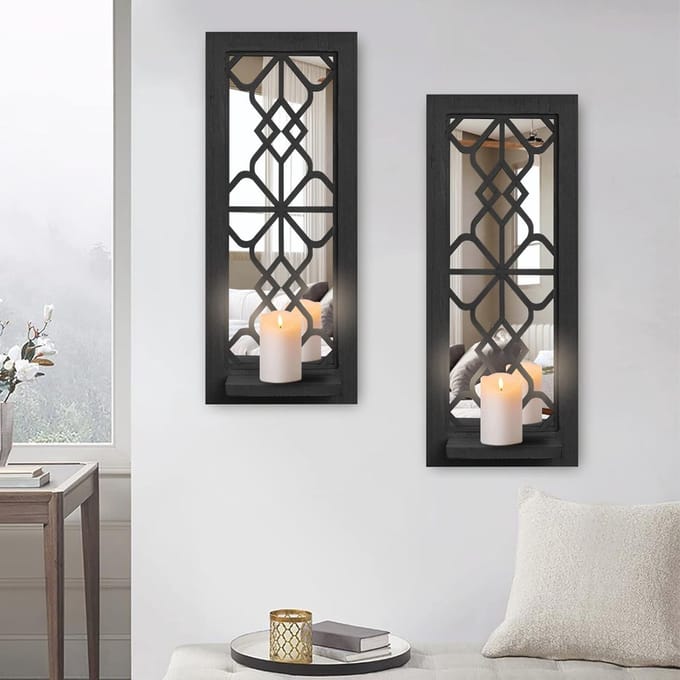 Houten wandkandelaar set van 2 - Rustieke muur decoratie met gesneden frame