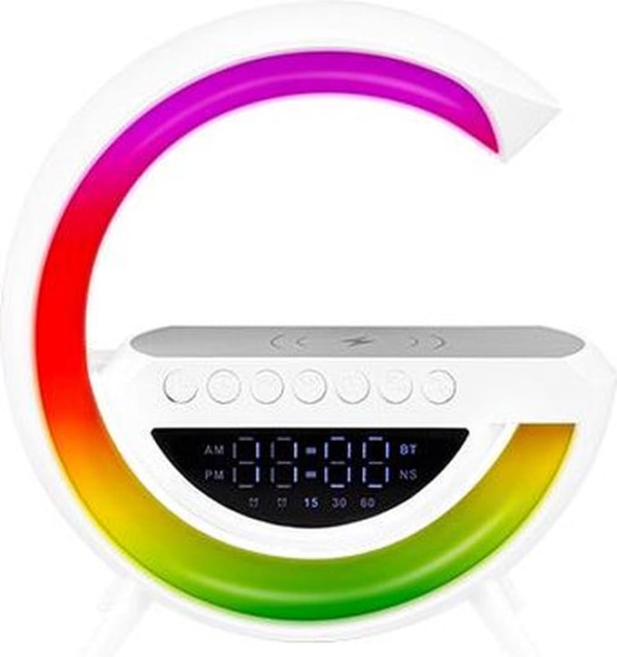 LED G-Shape RGB Bureaulamp met bluetooth speaker, klok en draadloos opladen - 235mm