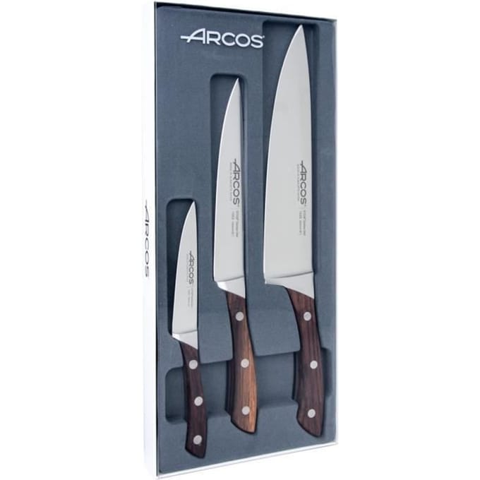 Coffret 3 couteaux - ARCOS - Natura - Lame NITRUM® forgée - Manche bois de rose - 100/160/200 mm