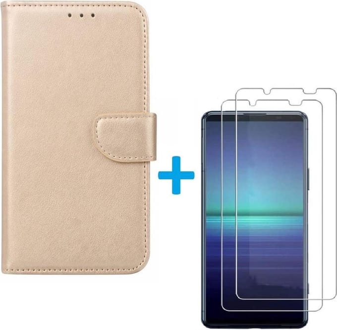 hoesjeGeschikt voor: Sony Xperia 5 II book case goud met 2 stuks Glas Screen protector