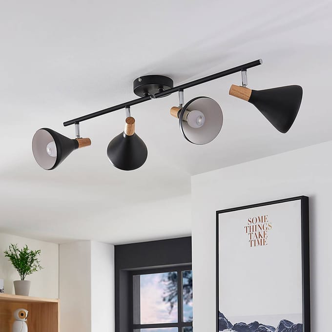 Lindby - buitenspot - 4lichts - Metaal, hout - H: 18 cm - E14 - zwart, licht hout