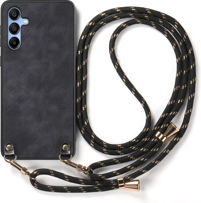 Hybride Backcover met Verstelbare/Afneembare Schouderband + Screenprotector voor Galaxy A55 _ Zwart