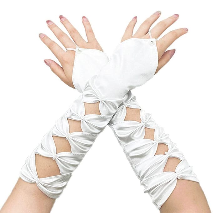 Gants de Mariage Longs Élastiques Satin Plissés Nœud Coude Sarcelle Gants Sans Doigts Soirée Bal de Promo bleu saphir