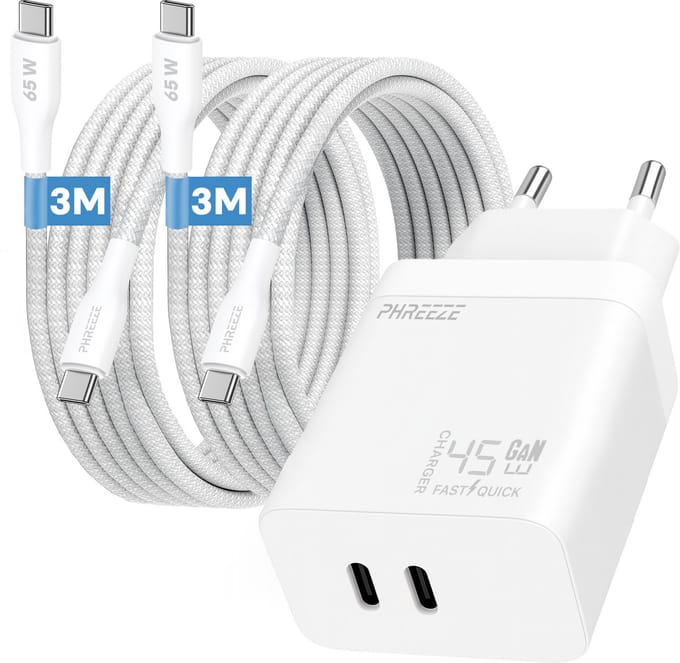 Phreeze dubbele usb C adapter - Met usb C naar usb C kabels - Complete 3m snellader set voor smartphone en tablet