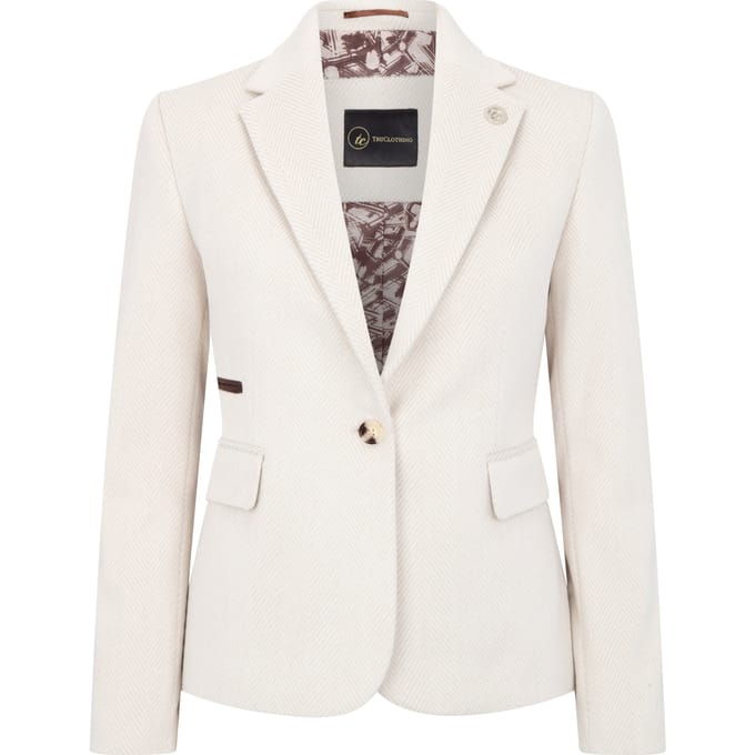 Crèmekleurige getailleerde damesblazer van wolmix tweed