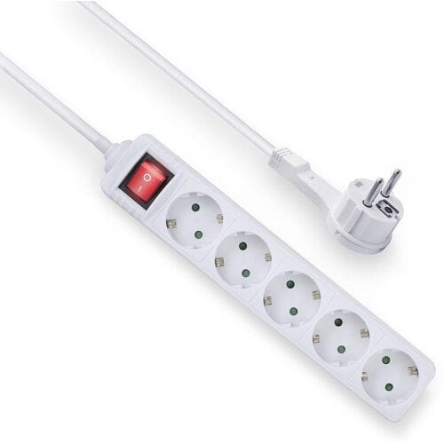 ACT Stekkerdoos met lichtgevende schakelaar en platte stekker, 5 sockets, 1,5 m, wit