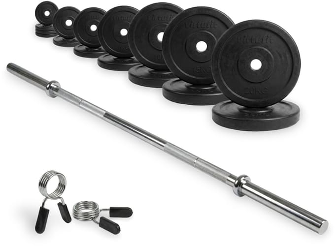 VirtuFit Rubberen Halterset - 120 kg - Volledige set - Incl. Halterstang, Halterschijven en Veerclipsluitingen