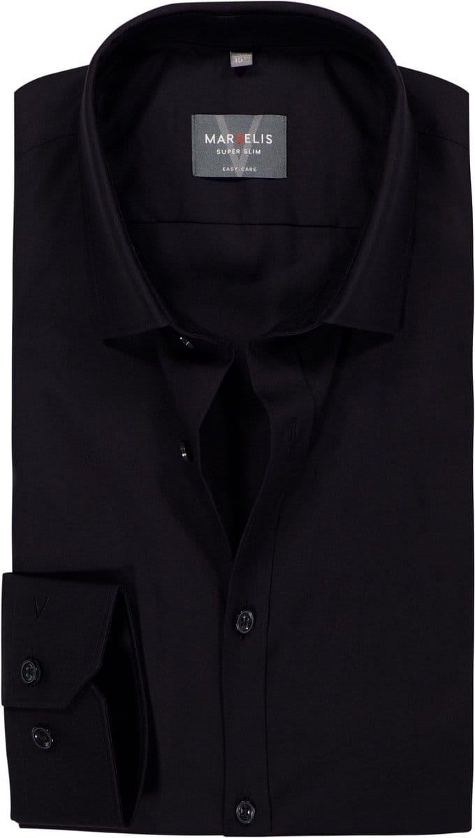 MARVELIS super slim fit overhemd - mouwlengte 7 - popeline - zwart - Strijkvriendelijk - Boordmaat: 42