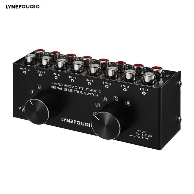 6-in-2-uit audioschakelaar Tweeweg audiosignaalselectiebox splitterdistributeur met RCA-ingangen en