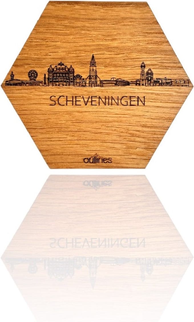 5x Onderzetters Skyline van Scheveningen - 10x9cm - Notenhout