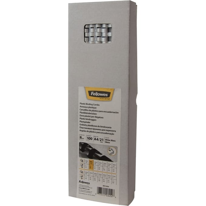 Fellowes plastic inbindruggen, formaat 8 mm, 100 stuks, voor inbindmachines plastic inbindrug wit, 100 stuks