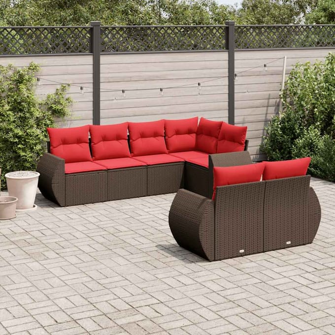 vidaXL - 7-delige - tuinbankset - met - kussens, - bruin - polyrotan