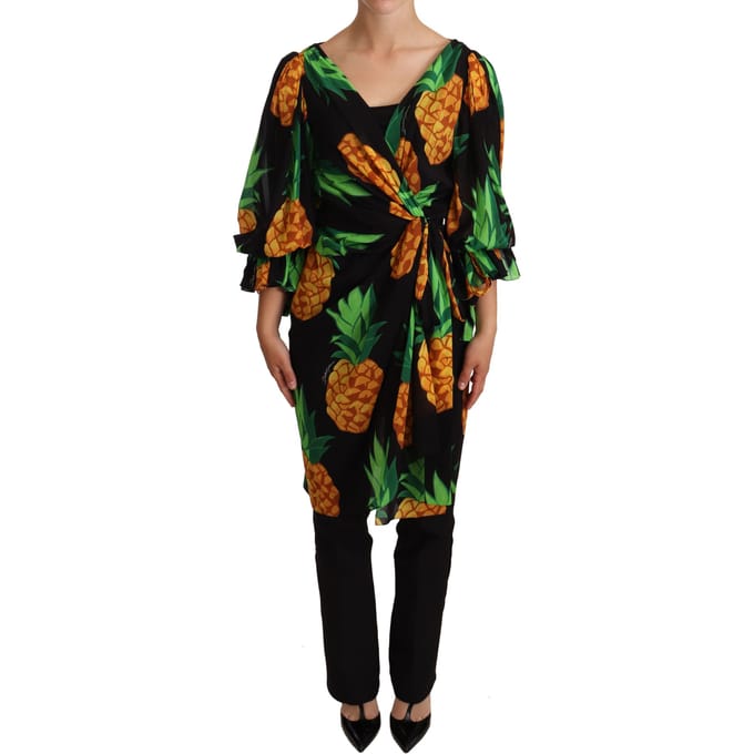 Dolce & Gabbana Dames Zwarte Ananasprint Wikkel Stretch Zijden Jurk