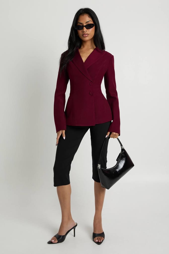 boohoo Dames Wrap Asymmetrische Blazer | Wijn | Maat: 38