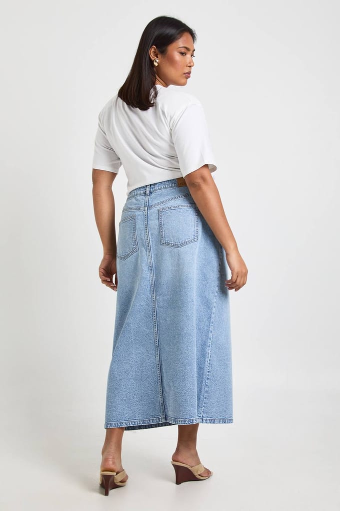 boohoo Dames Plus Denim Midaxi Rok | Licht Gebleekt | Maat: 54