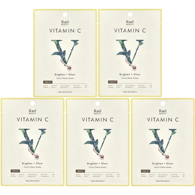 Rael, Vitamine C, Masque Beauté Visage Éclaircissant + Éclat, 5 feuilles, 25 ml (0,84 fl oz) chaque beige
